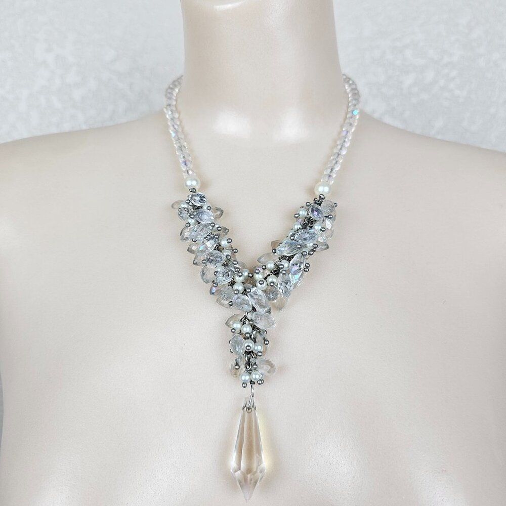 Crystal‎ Faceted Glass Faux Pearl Cluster Y Statement Necklace Prism Drippy Bead